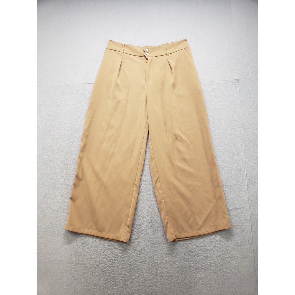 BTFBM Women‎ Pant 2XL Tan Beige Pleated Wide Leg Cropped High Waist Elegant Wear